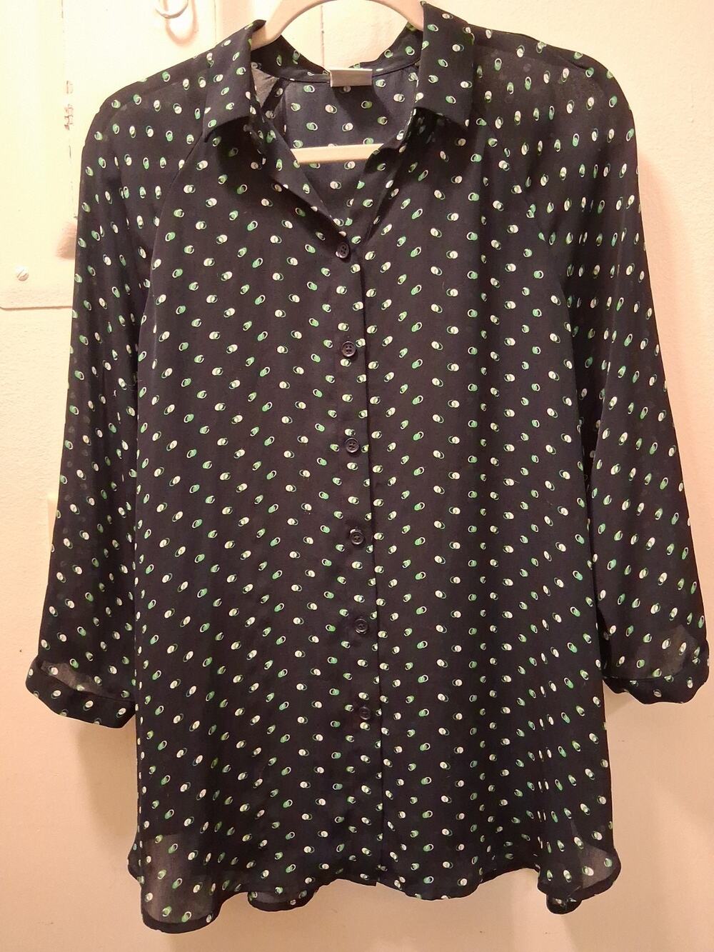 Cabi Blouse Top Small Navy Blue Green 3/4 Sleeve Martini